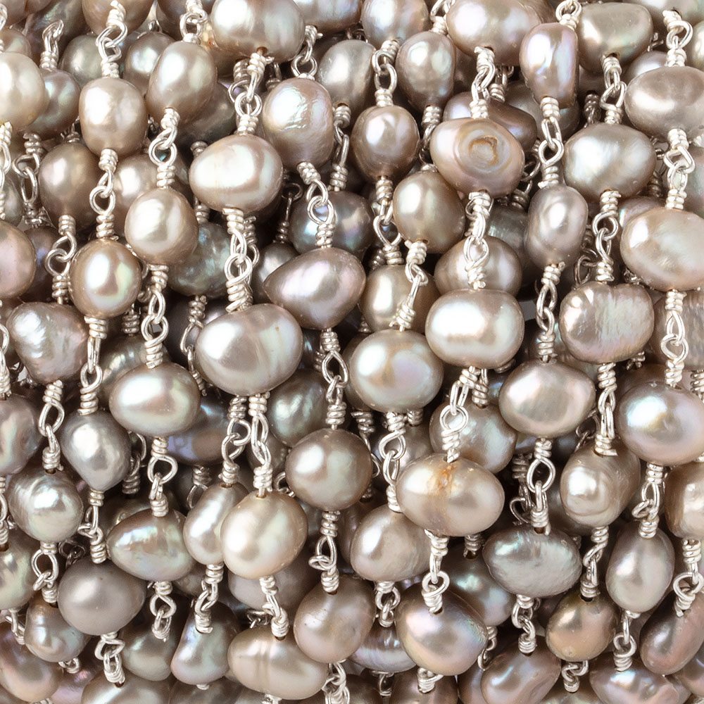7x5mm Taupe Side Drill Baroque Pearls on Silver Plated Chain - Beadsofcambay.com