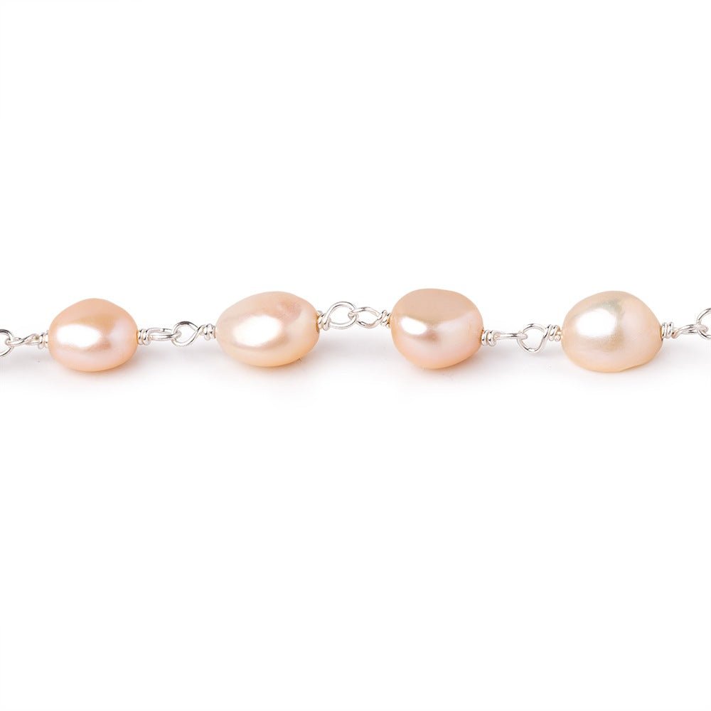 7x6.5-9x7mm Peach Baroque Pearls on .925 Silver Chain - Beadsofcambay.com