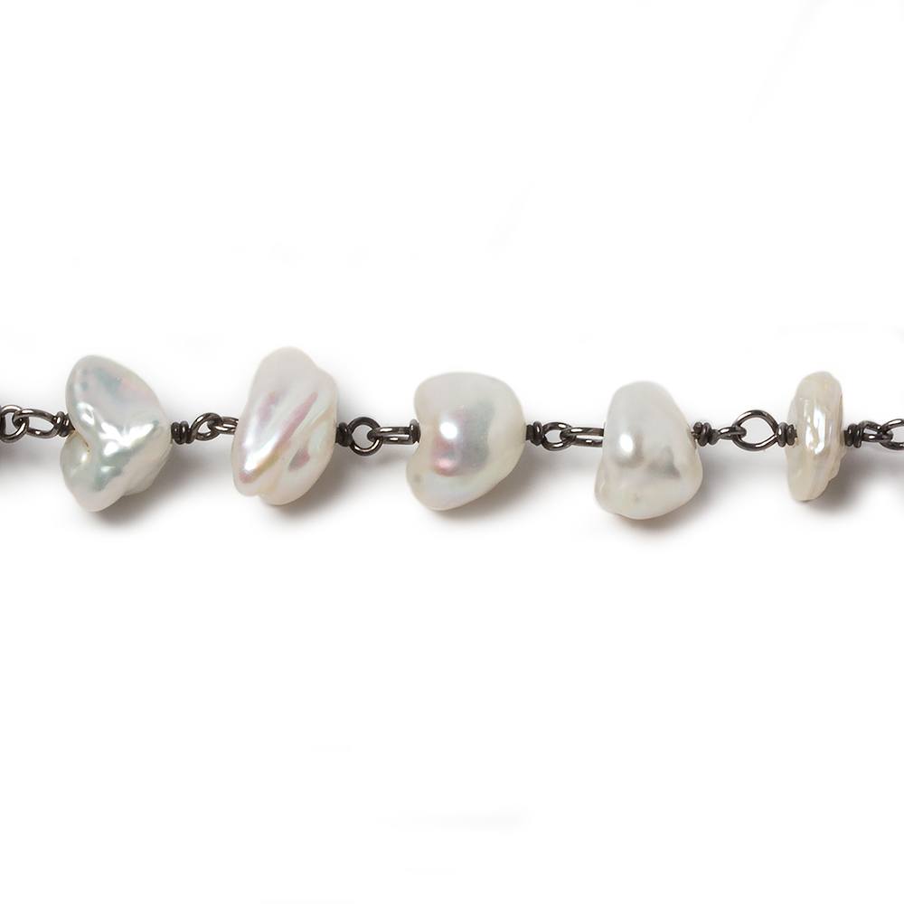 8-11mm White Keshi Pearl Black Gold .925 Silver Chain by the foot 28 pieces - Beadsofcambay.com