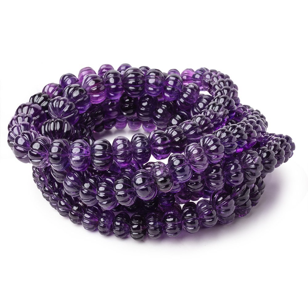8-13.5mm Amethyst Hand Carved Melon Rondelles 18 inch 69 Beads AA - Beadsofcambay.com