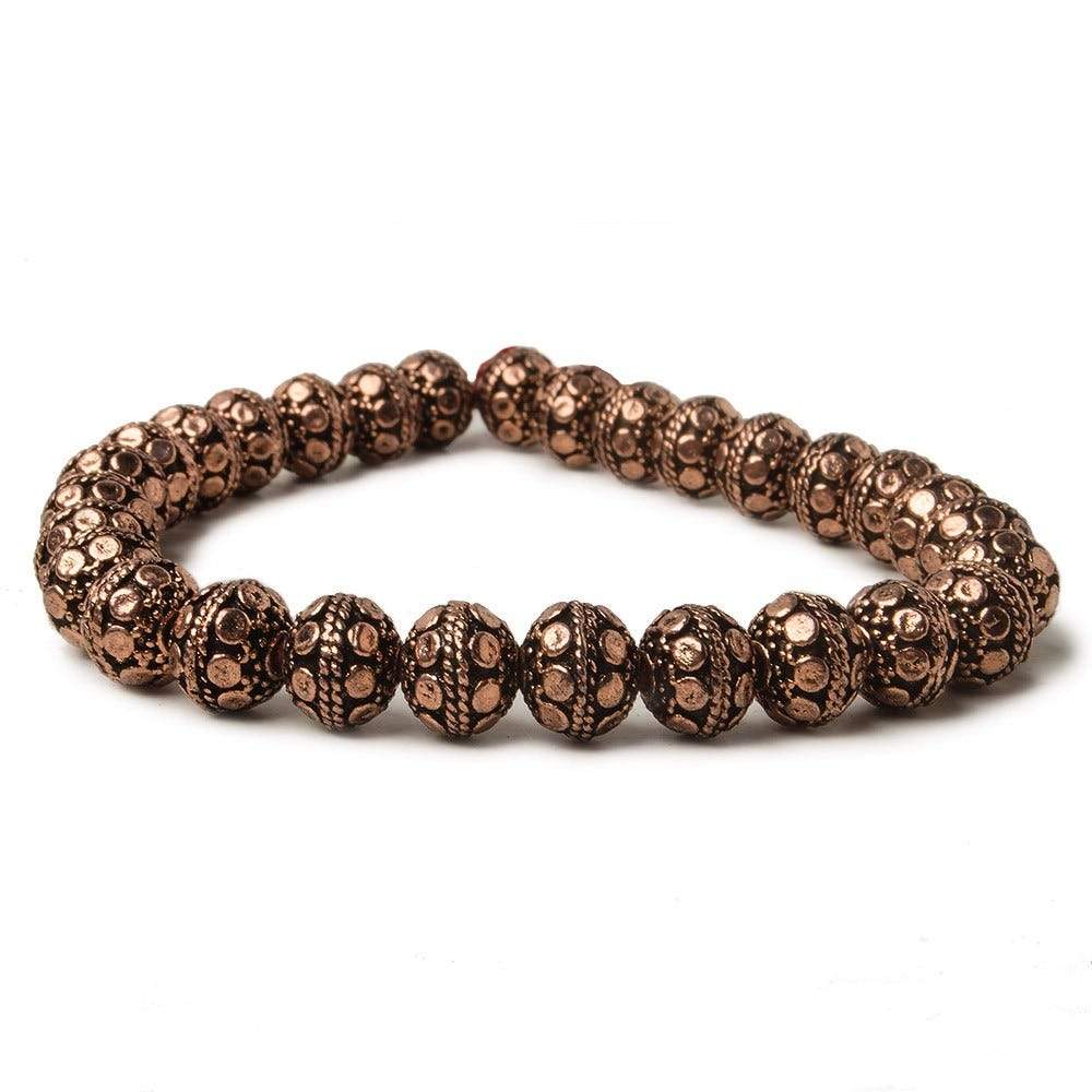 8mm Antiqued Copper Bead Round Dot Design 8 inch 28 pcs - Beadsofcambay.com