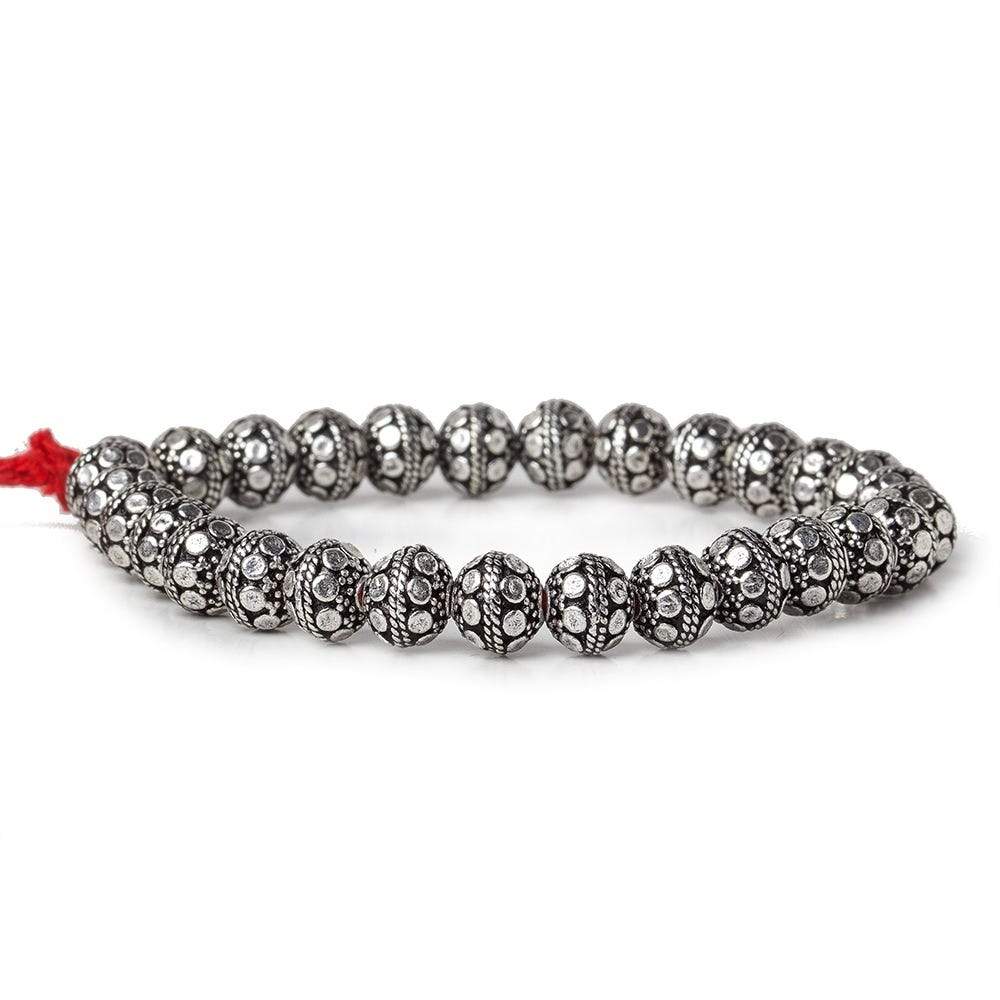 8mm Antiqued Sterling Silver plated Copper Bead Round Dot Design 8 inch 28 pcs - Beadsofcambay.com