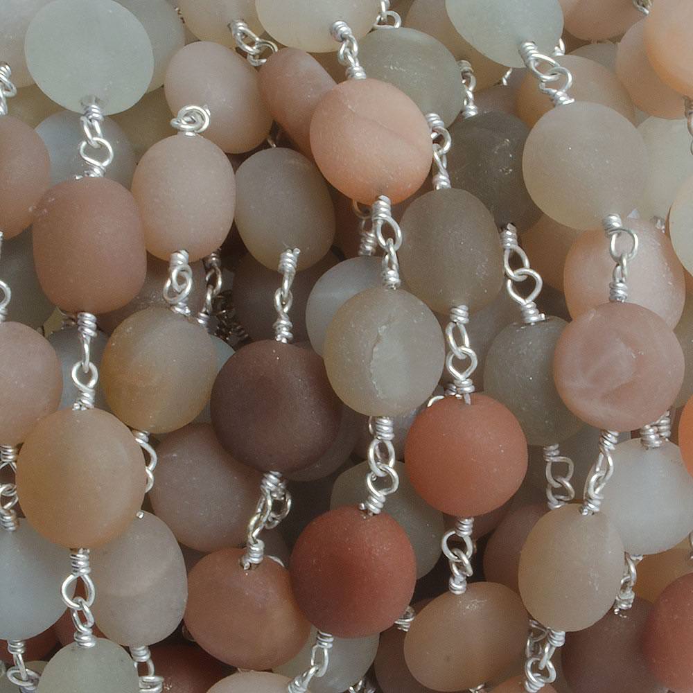 8mm Matte Multi Color Moonstone coin & nugget Silver plated Chain by the foot with approximately 20 pieces - Beadsofcambay.com