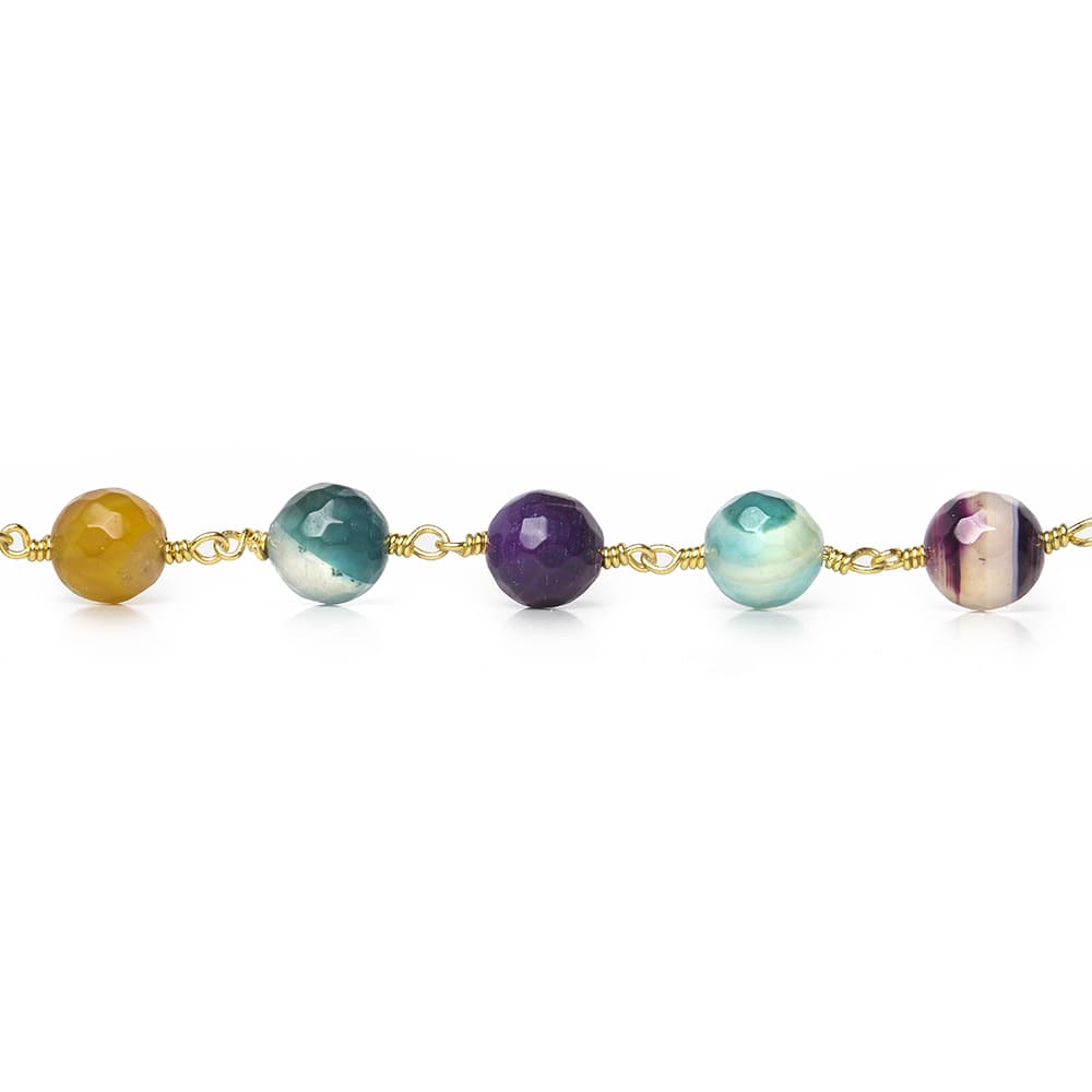 8mm Multi Color Festive Agate faceted round Gold Chain by the foot 21 beads - Beadsofcambay.com