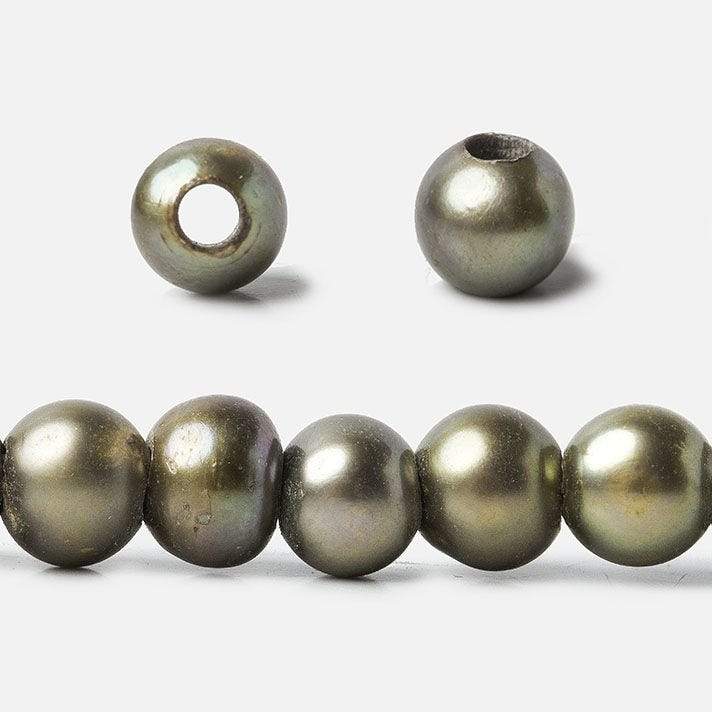 8mm Peacock Green Large Hole Off Round Freshwater Pearl 2.5mm drill hole, 15 inch, 64 pieces - Beadsofcambay.com