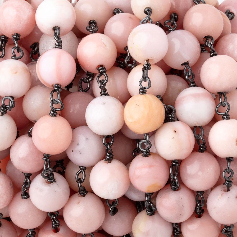 8mm Pink Peruvian Opal Plain Round Beads on Black Gold over .925 Silver Chain - Beadsofcambay.com