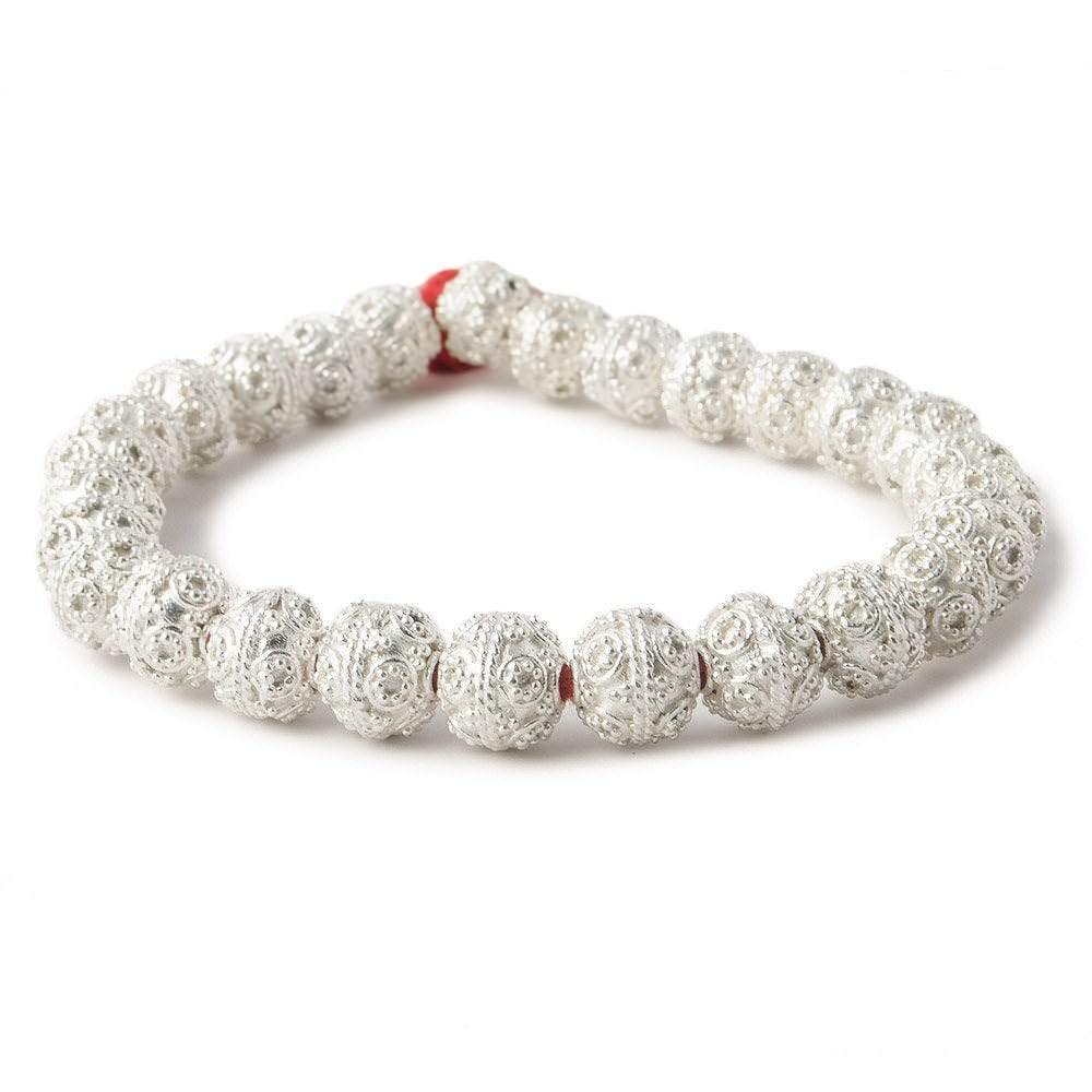 8mm Silver Plated Copper Round Bead Miligrain Circles 8 inch 27 pieces - Beadsofcambay.com