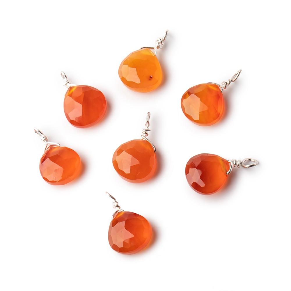 8mm Silver Wire Wrapped Orange Chalcedony Faceted Heart 1 Focal Pendant - Beadsofcambay.com