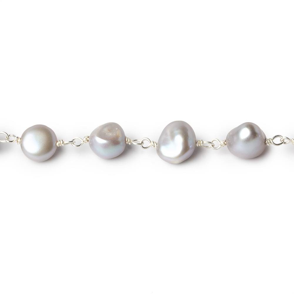 8x6-10x7mm Silver Baroque Freshwater Pearl Silver .925 Chain by the foot - Beadsofcambay.com