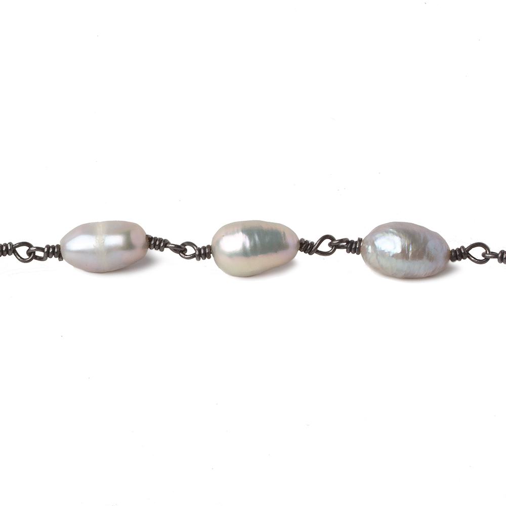 8x6-9x6mm Peacock Silver Baroque Pearl Black Gold plated Chain by the foot 18 pearls - Beadsofcambay.com