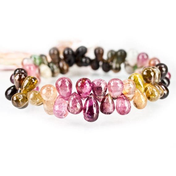 8x6mm Multi-color Tourmaline Plain Tear Drop Beads 8 inch 67 pieces - Beadsofcambay.com