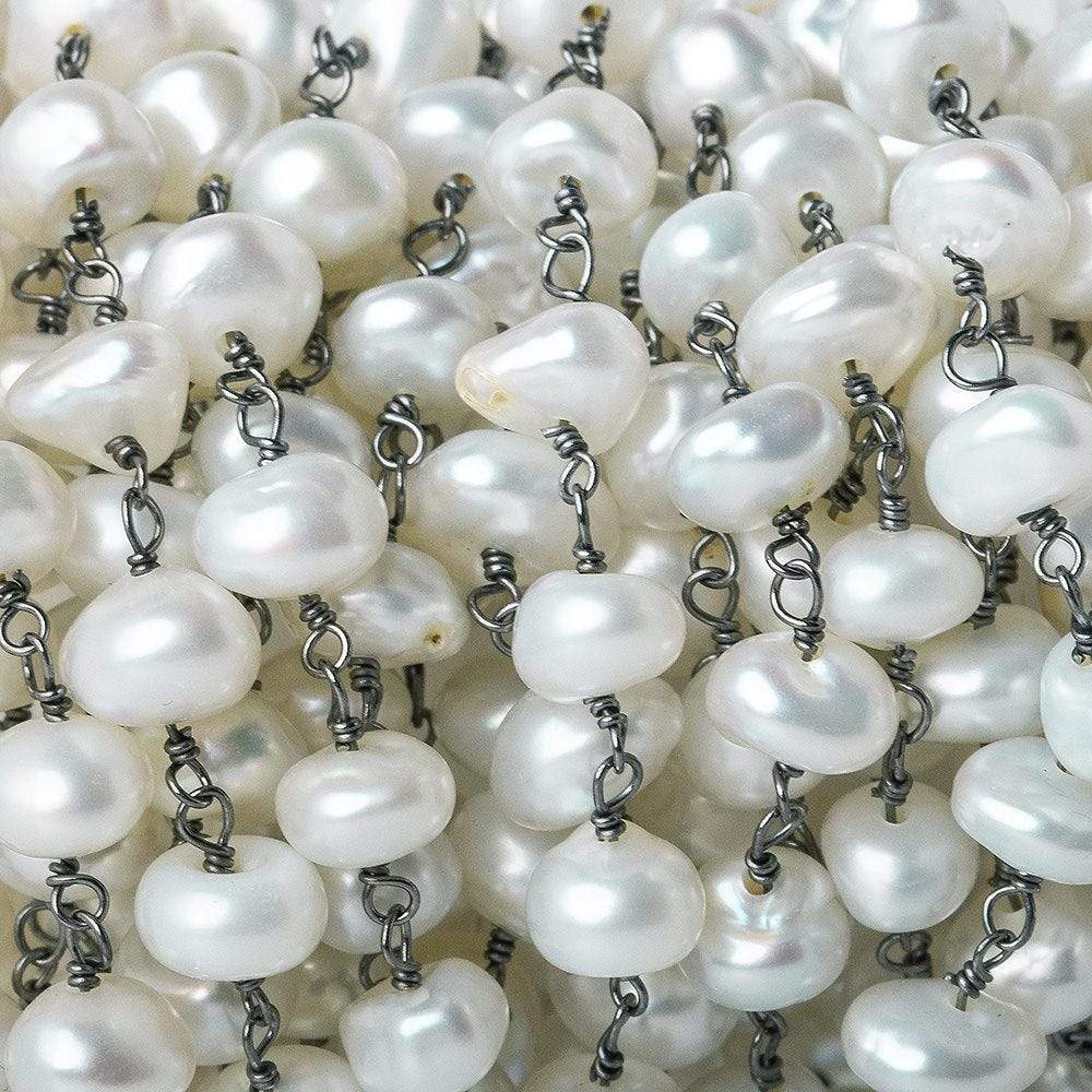 8x6mm White center drilled Keshi Pearl Black Gold plated Chain by the foot 31pc - Beadsofcambay.com
