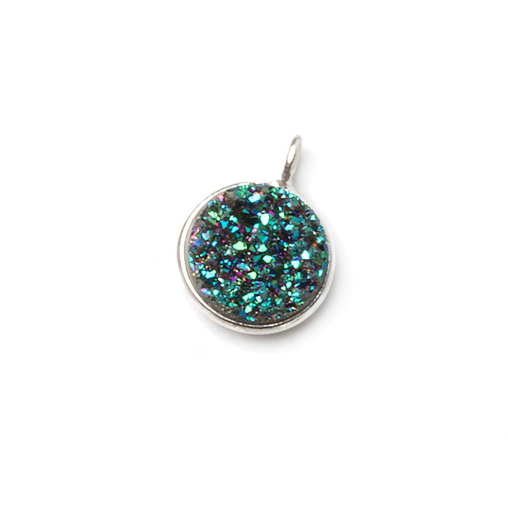 9mm Silver .925 Bezel Mermaid Green Drusy Coin Pendant 1 piece with side facing ring - Beadsofcambay.com