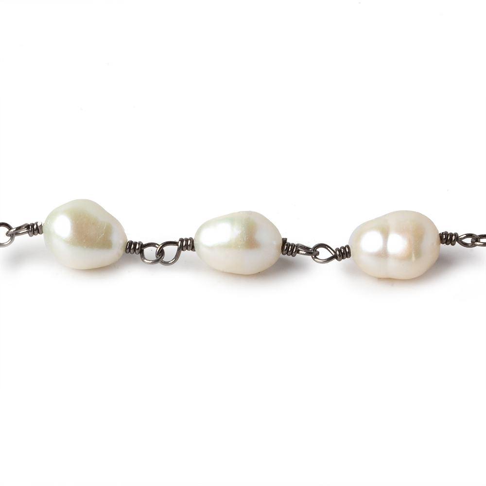 9x6-10x7mm Off White Baroque Pearl Black Gold plated Chain by the foot 18 pcs - Beadsofcambay.com