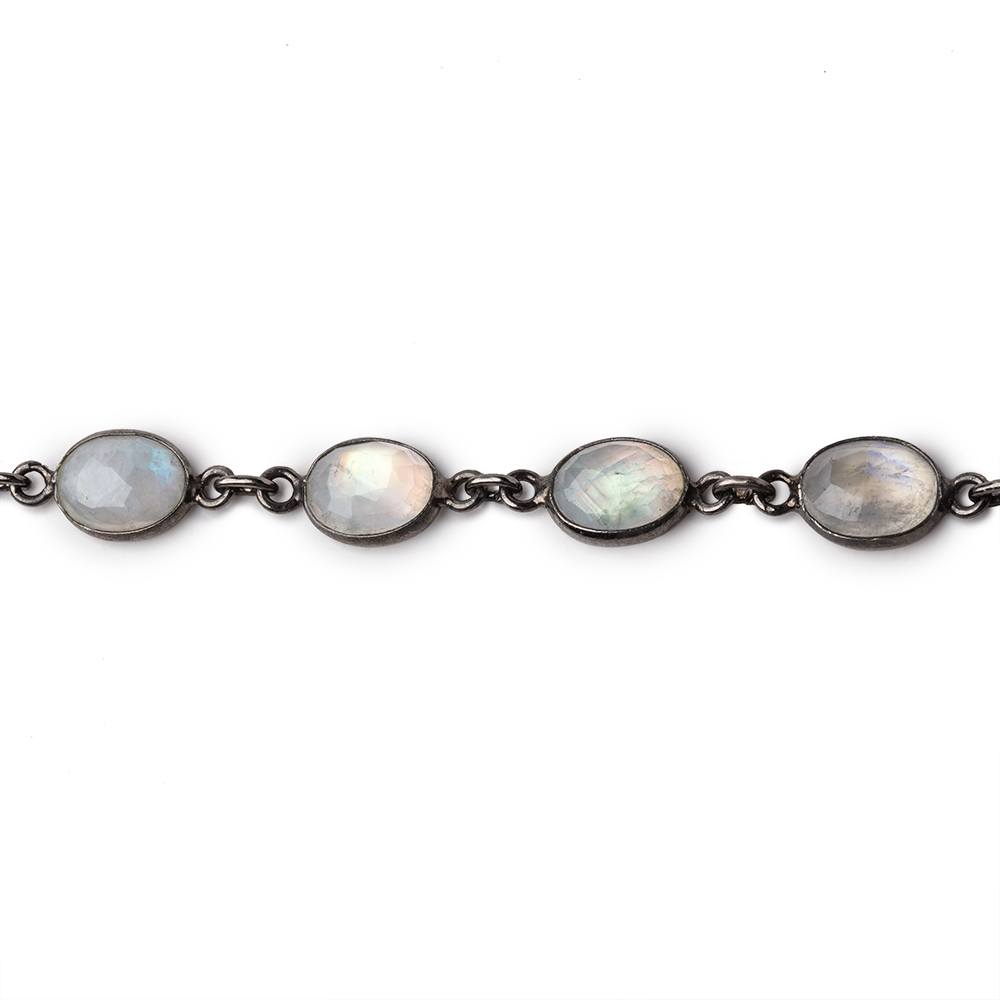 9x7mm Rainbow Moonstone Faceted Oval Cabochon Black Gold .925 Bezeled Chain - Beadsofcambay.com