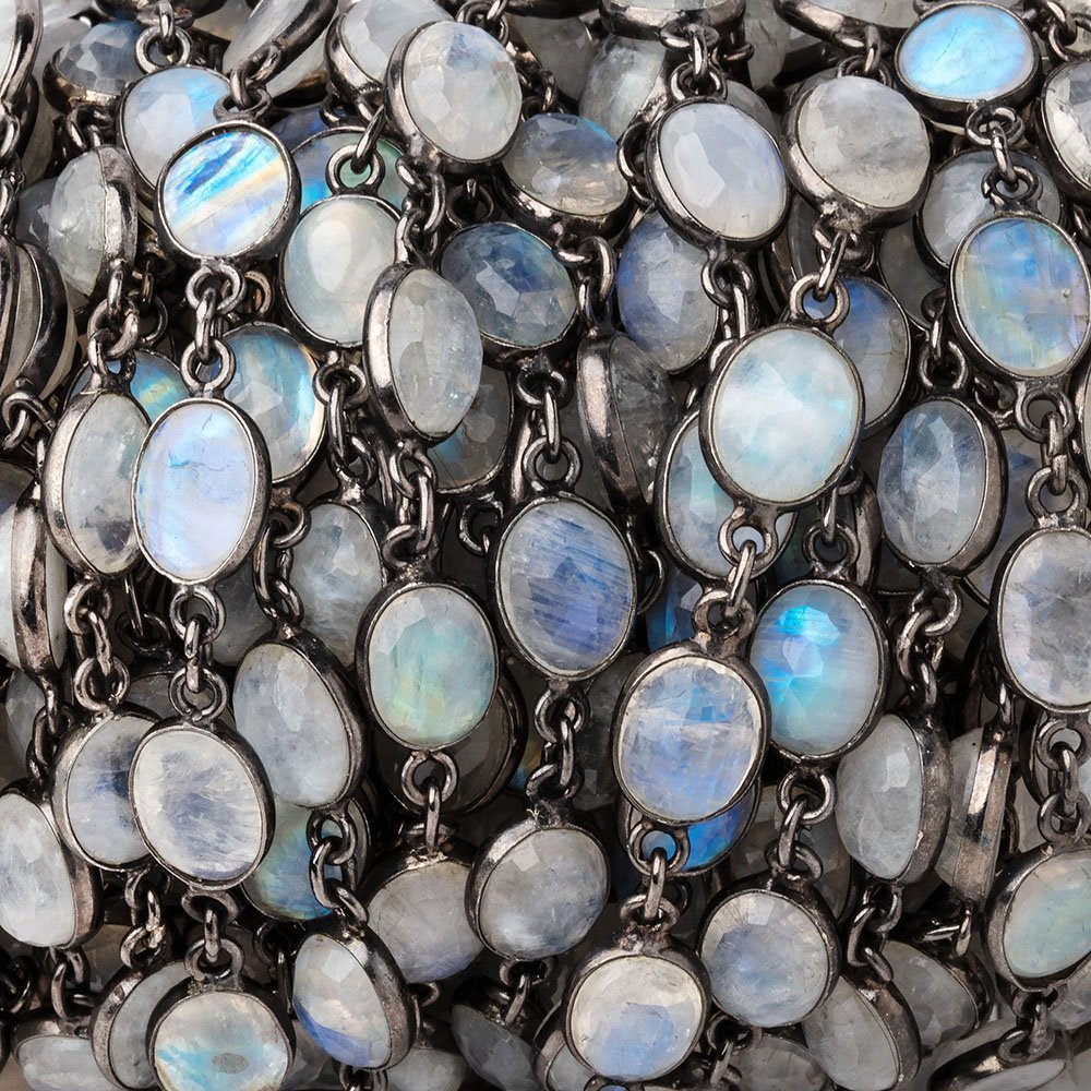 9x7mm Rainbow Moonstone Faceted Oval Cabochon Black Gold .925 Bezeled Chain - Beadsofcambay.com