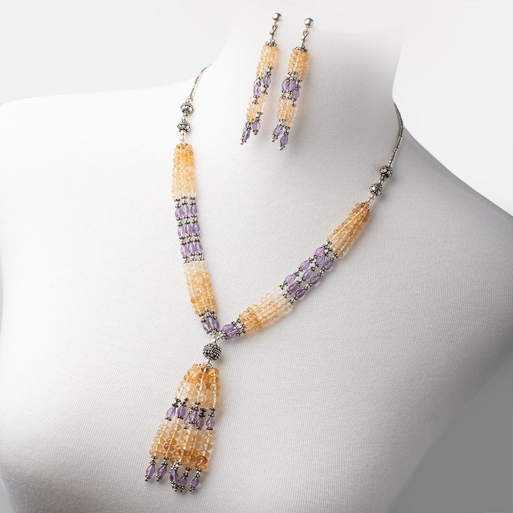 Citrine and Pink Amethyst Antiqued Silver Necklace and Earring Set - Beadsofcambay.com