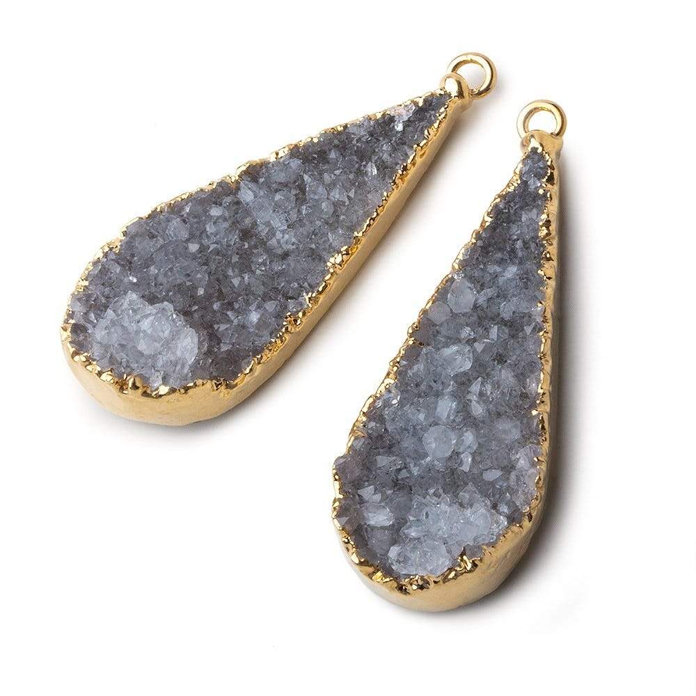 Gold Leafed Smoke Grey Pear Drusy Pendant Matched Set 2 pieces 36x15x9mm A Grade - Beadsofcambay.com