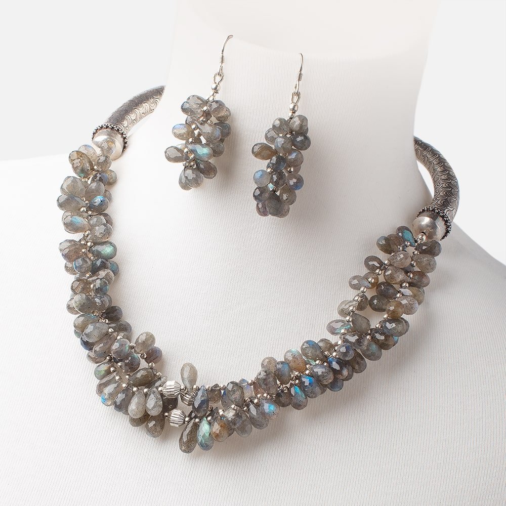 Labradorite Faceted Tear Drop Antiqued Silver Necklace and Earring Set AAA - Beadsofcambay.com