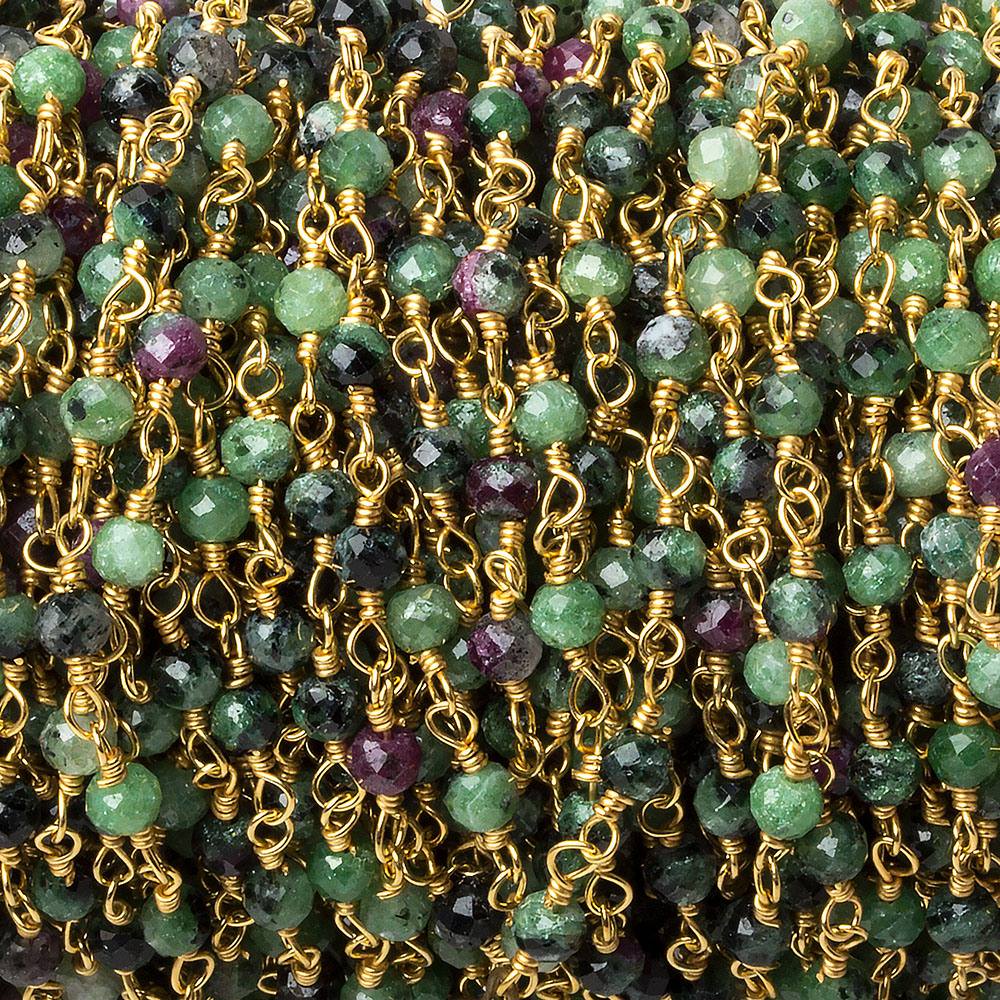 Ruby in Zoisite micro-faceted rondelle Gold plated Chain by the foot 40 beads - Beadsofcambay.com