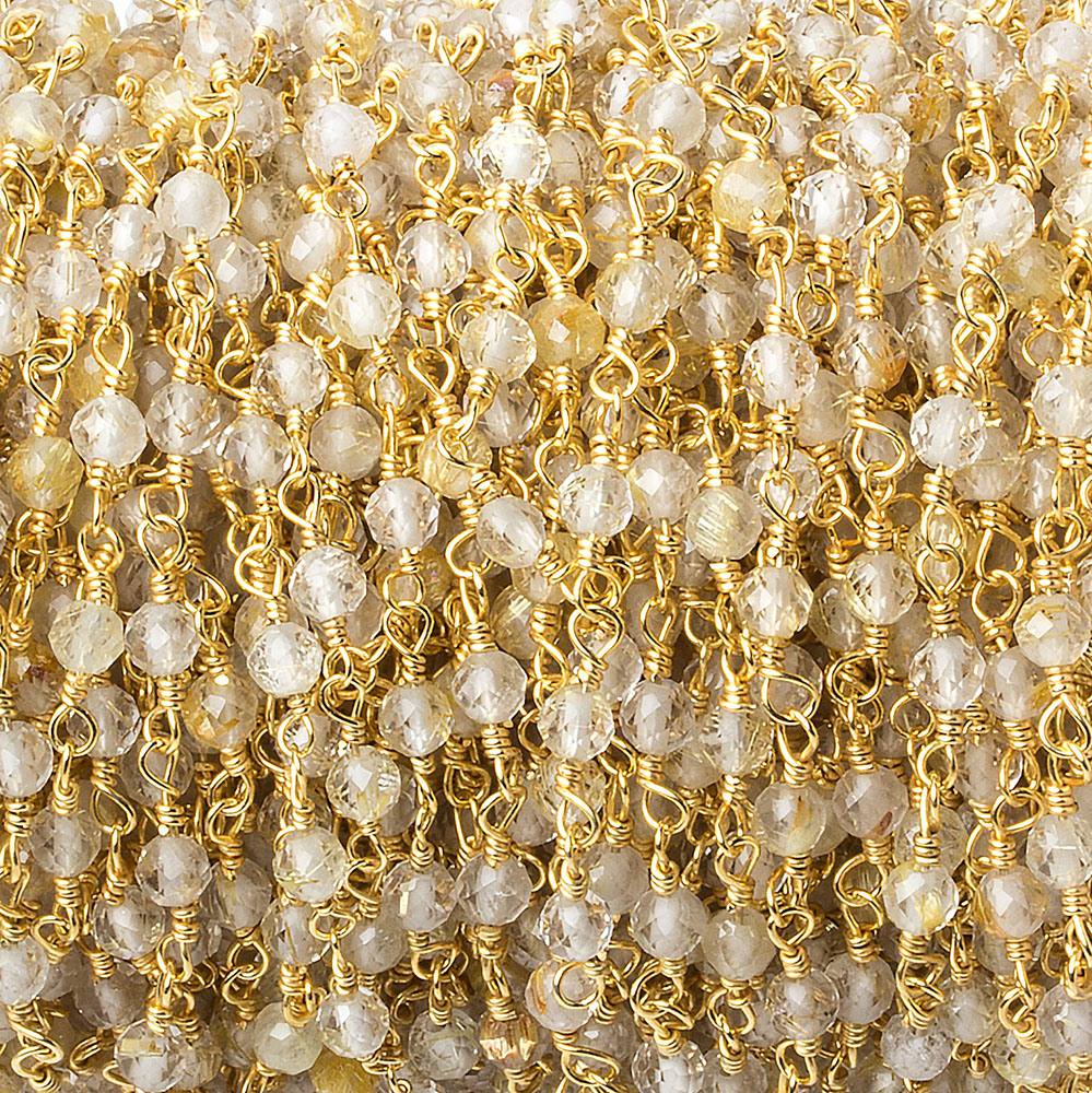 Rutilated Quartz micro-faceted rondelle Gold plated Chain by the foot 40 beads - Beadsofcambay.com