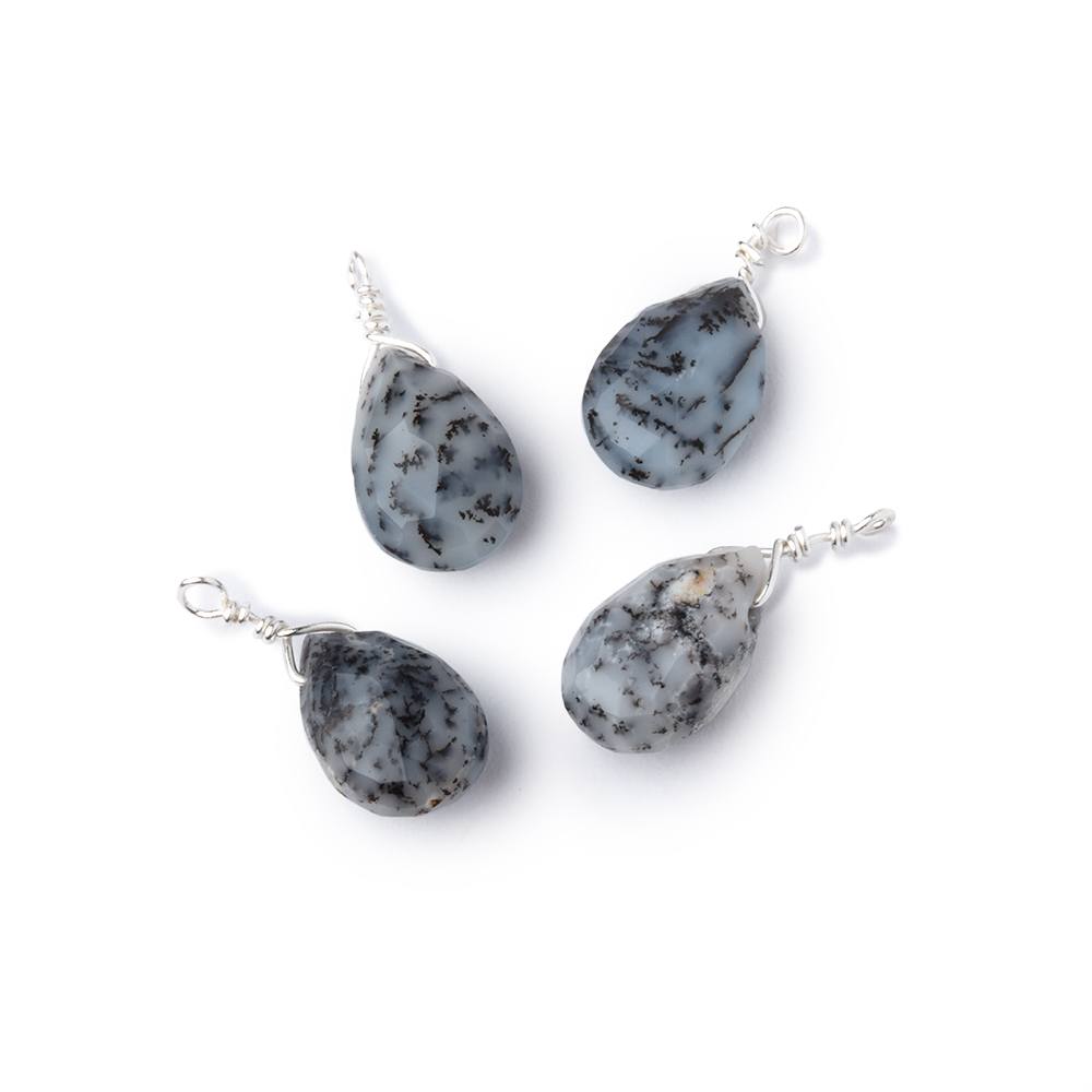 Set of 4 Silver Wire Wrapped 9x6mm Dendritic Opal Faceted Pear Focals - Beadsofcambay.com