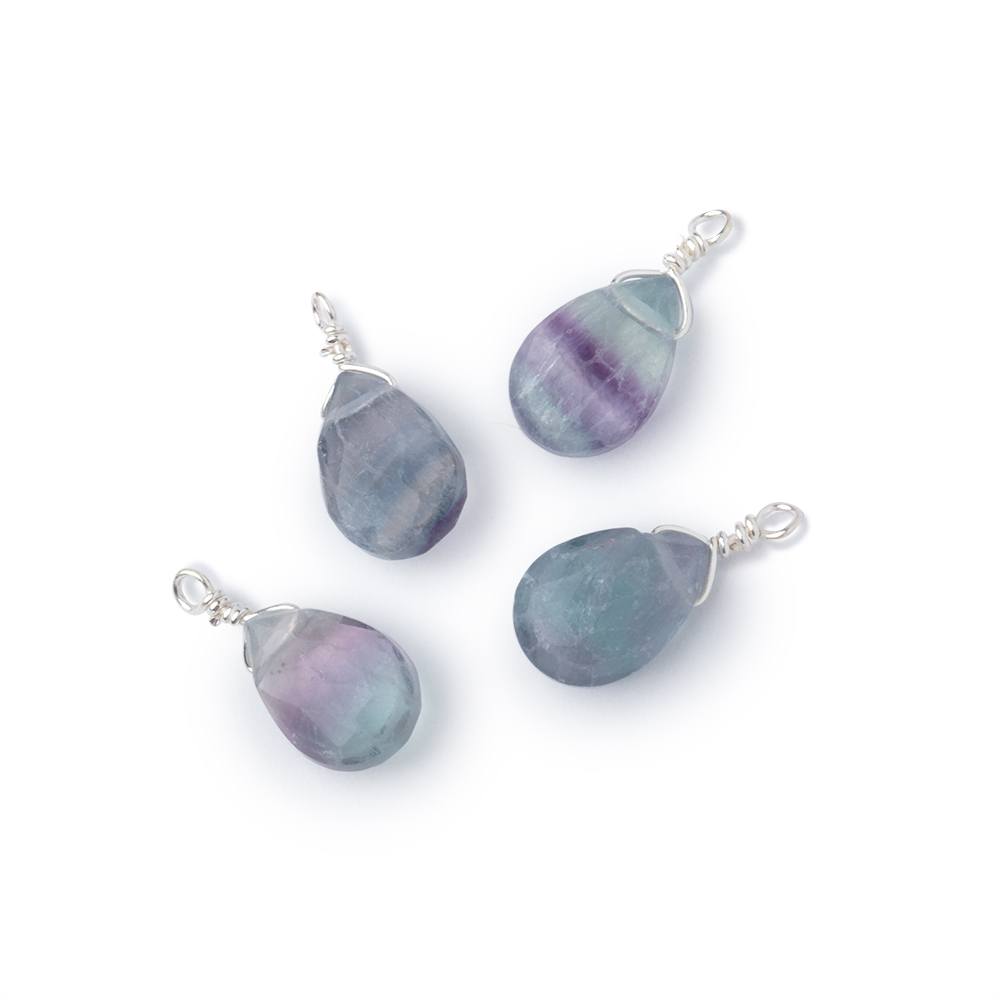 Set of 4 Silver Wire Wrapped 9x6mm Fluorite Faceted Pear Focals - Beadsofcambay.com