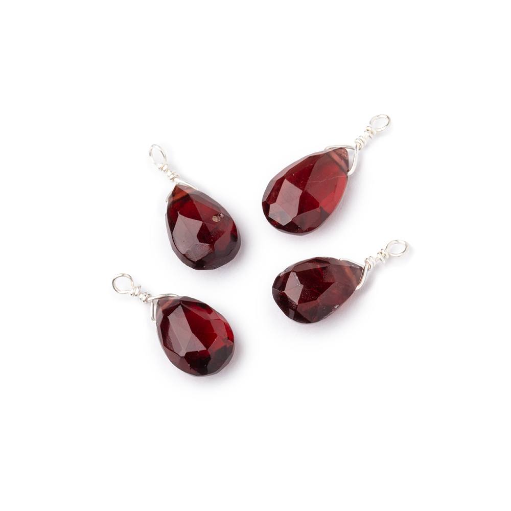 Set of 4 Silver Wire Wrapped 9x6mm Garnet Faceted Pear Focals - Beadsofcambay.com