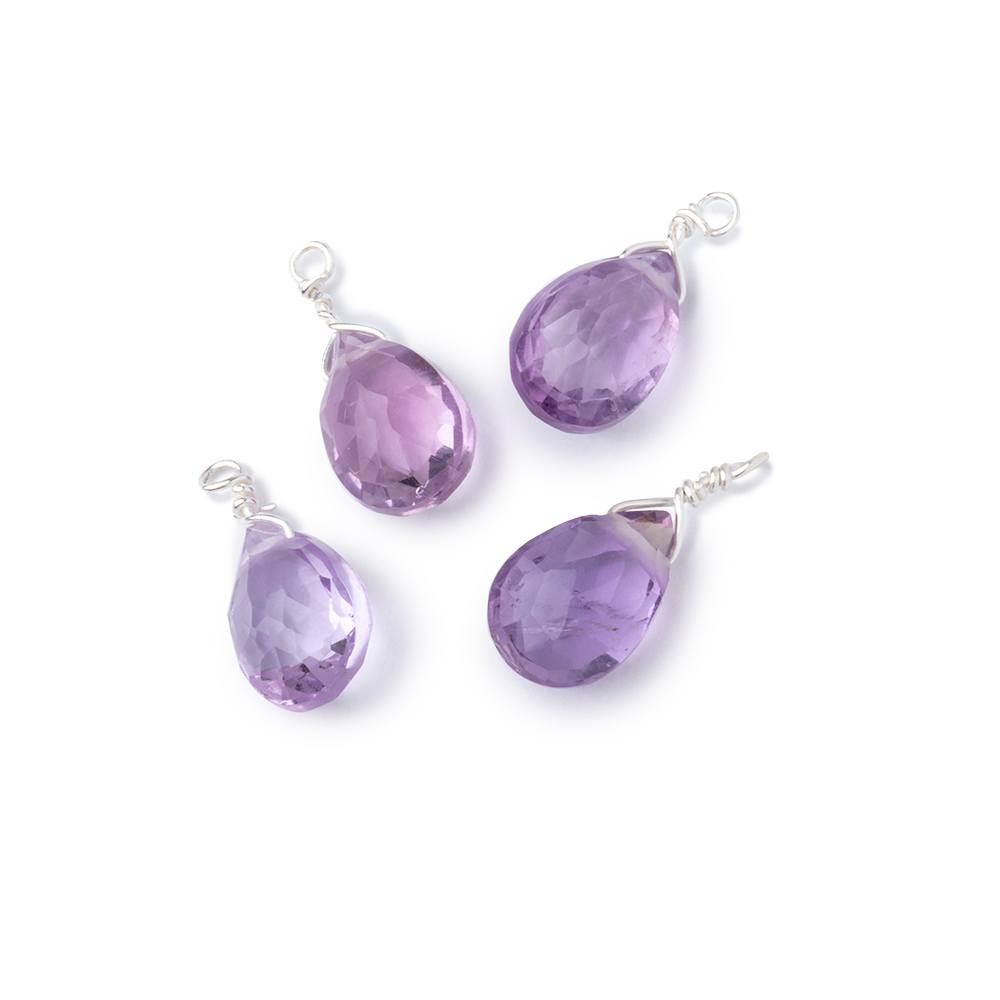 Set of 4 Silver Wire Wrapped 9x6mm Pink Amethyst Faceted Pear Focals - Beadsofcambay.com