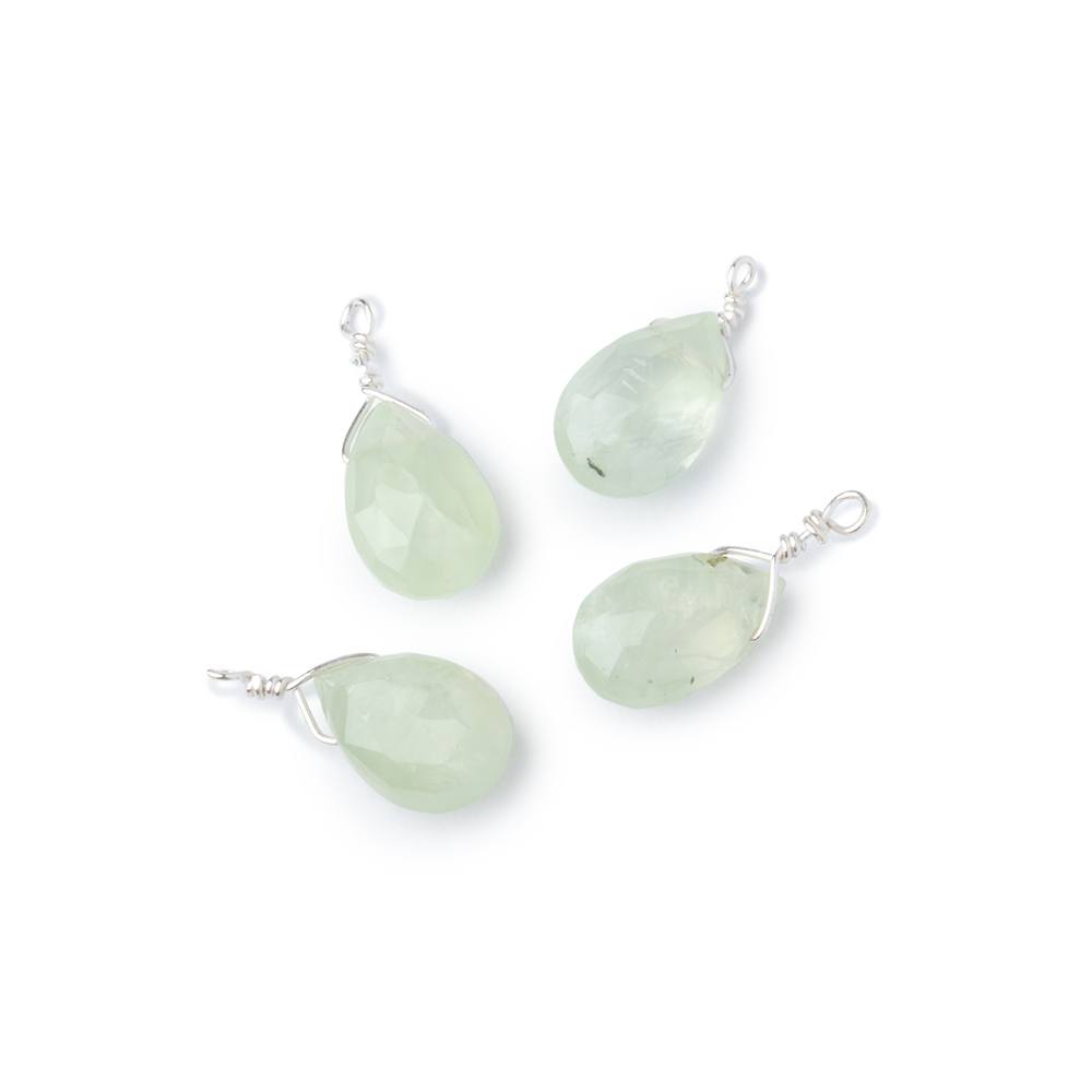 Set of 4 Silver Wire Wrapped 9x6mm Prehnite Faceted Pear Focals - Beadsofcambay.com