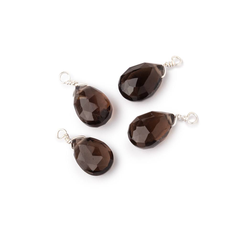Set of 4 Silver Wire Wrapped 9x6mm Smoky Quartz Faceted Pear Focals - Beadsofcambay.com