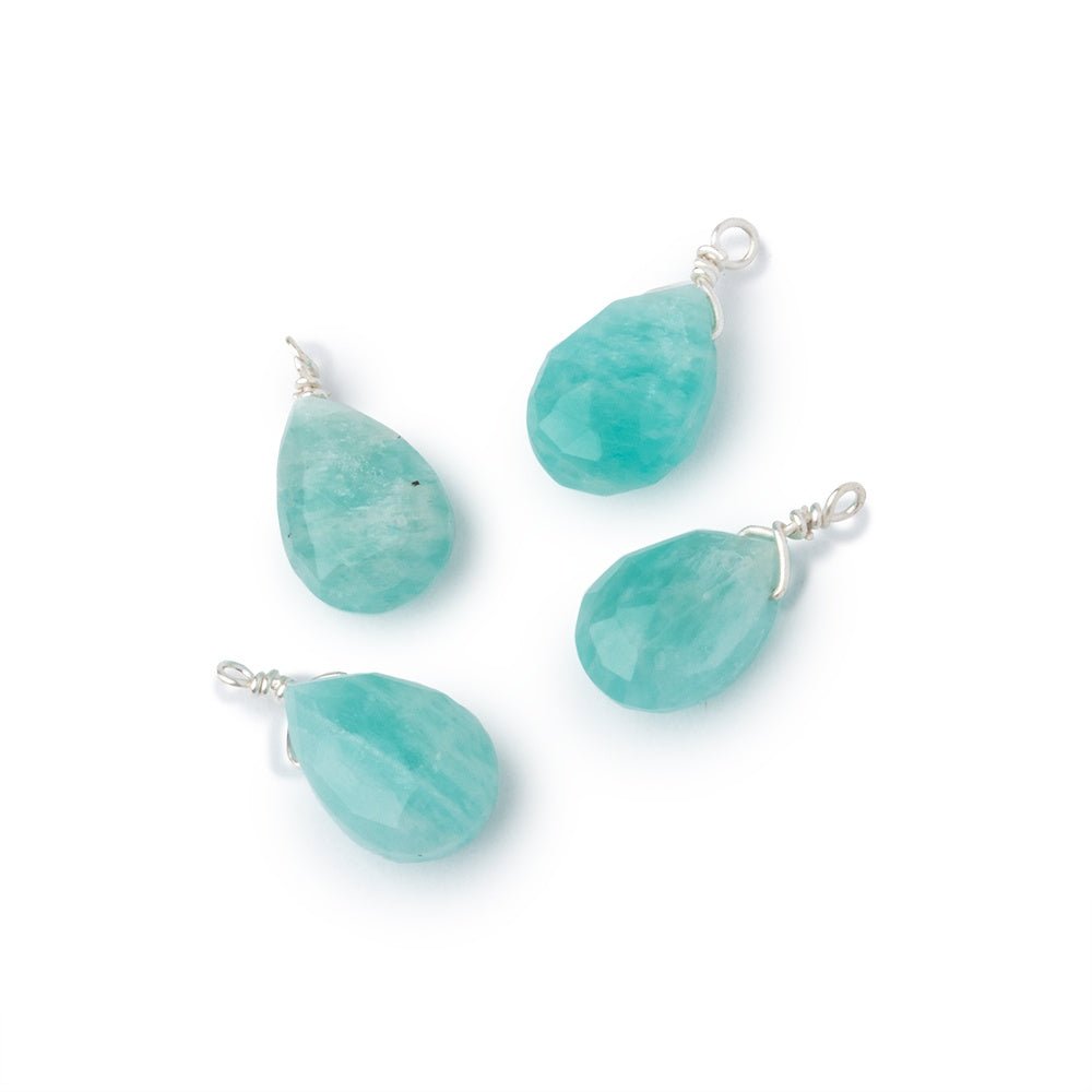 Set of 4 Sterling Silver Wire Wrapped 9x6mm Amazonite Faceted Pear Focals - Beadsofcambay.com