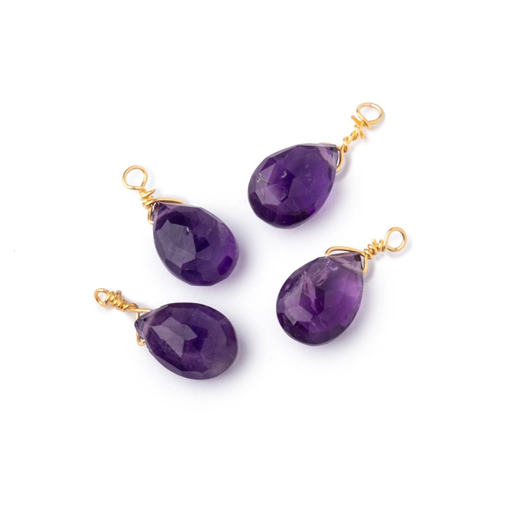 Set of 4 Vermeil Wire Wrapped 9x6mm Amethyst Faceted Pear Focals - Beadsofcambay.com