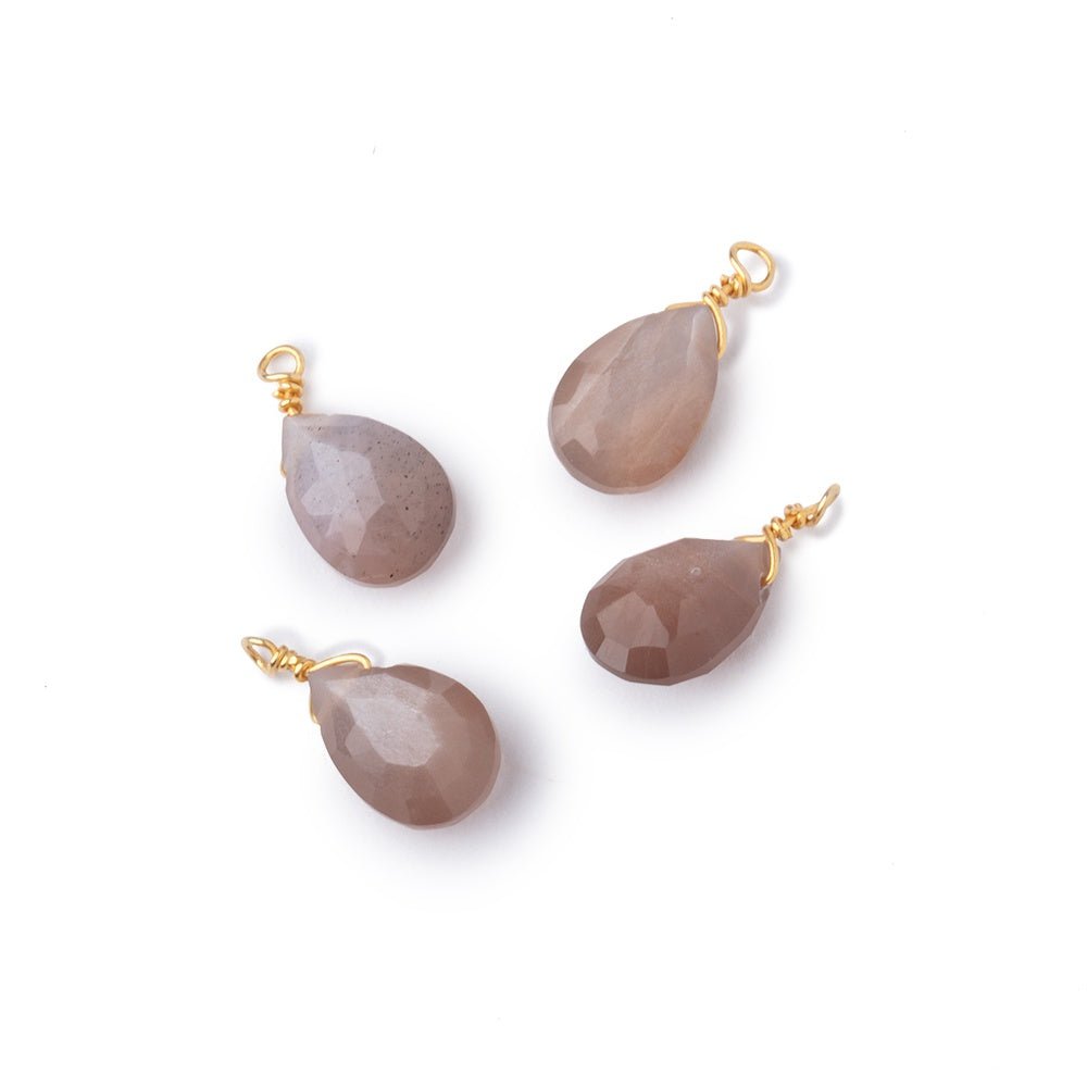 Set of 4 Vermeil Wire Wrapped 9x6mm Chocolate Moonstone Faceted Pear Focals - Beadsofcambay.com