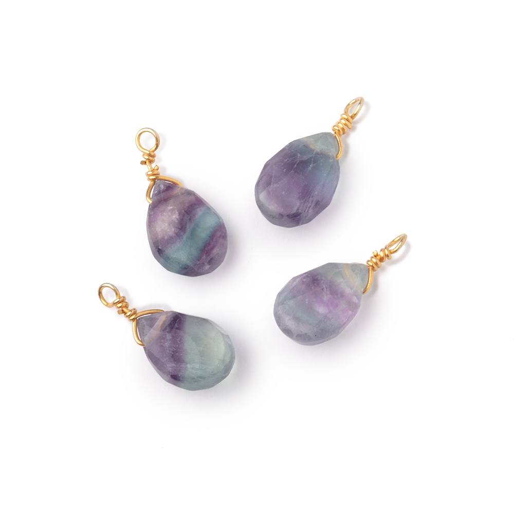 Set of 4 Vermeil Wire Wrapped 9x6mm Fluorite Faceted Pear Focals - Beadsofcambay.com