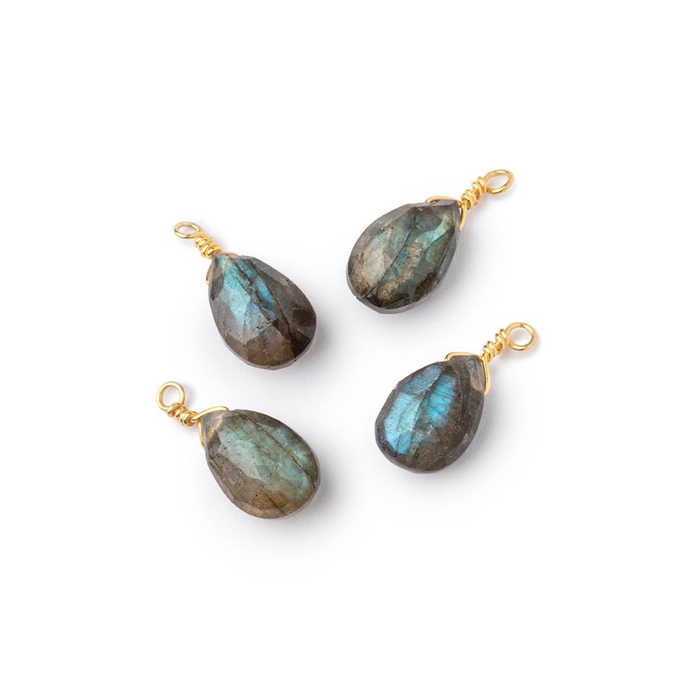 Set of 4 Vermeil Wire Wrapped 9x6mm Labradorite Faceted Pear Focals - Beadsofcambay.com