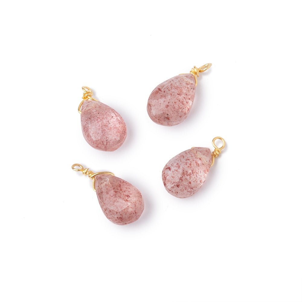 Set of 4 Vermeil Wire Wrapped 9x6mm Strawberry Quartz Faceted Pear Focals - Beadsofcambay.com