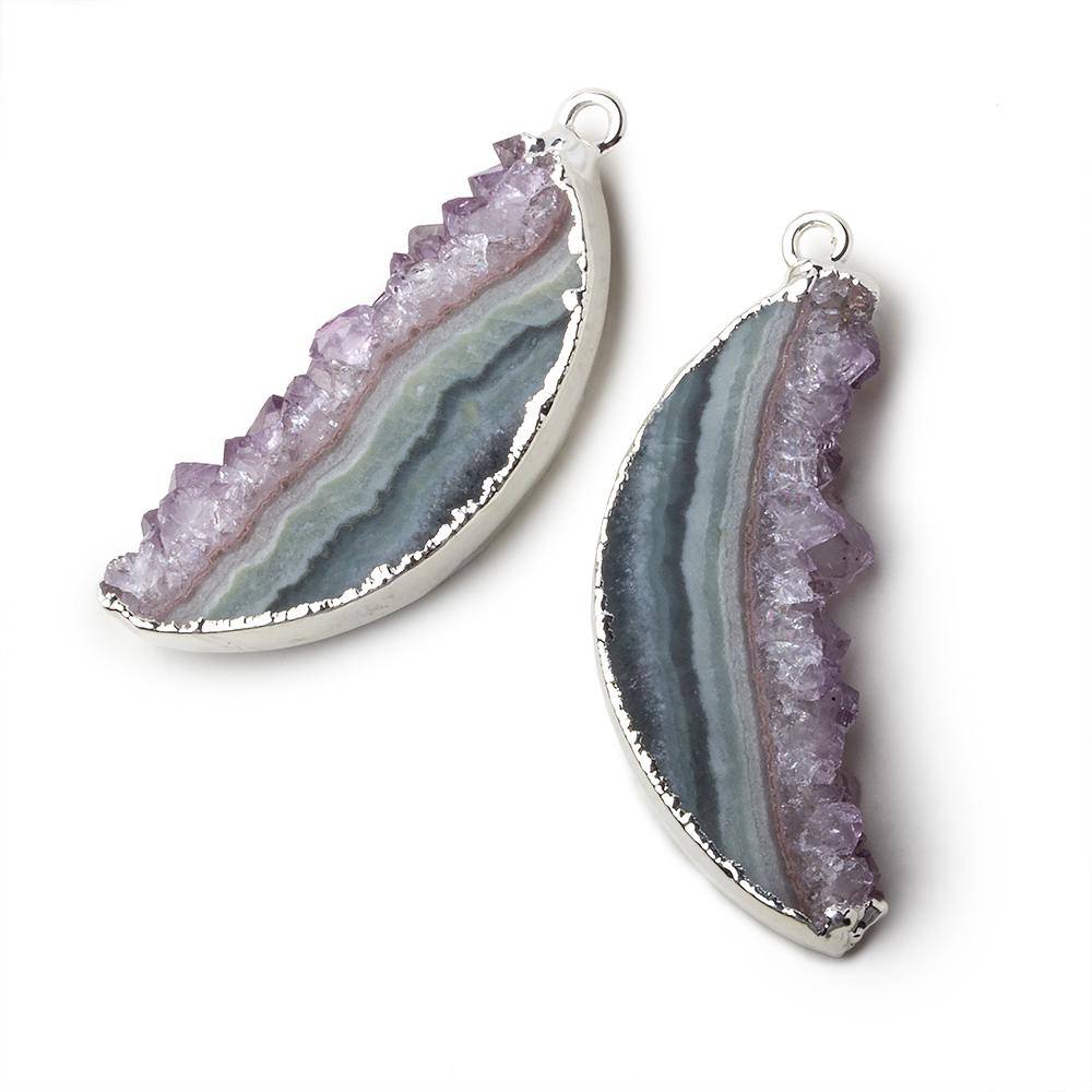 Silver Leafed Amethyst & Matrix Half Moon Drusy Pendant Set of 2 pieces 34x15x5.5mm A Grade - Beadsofcambay.com