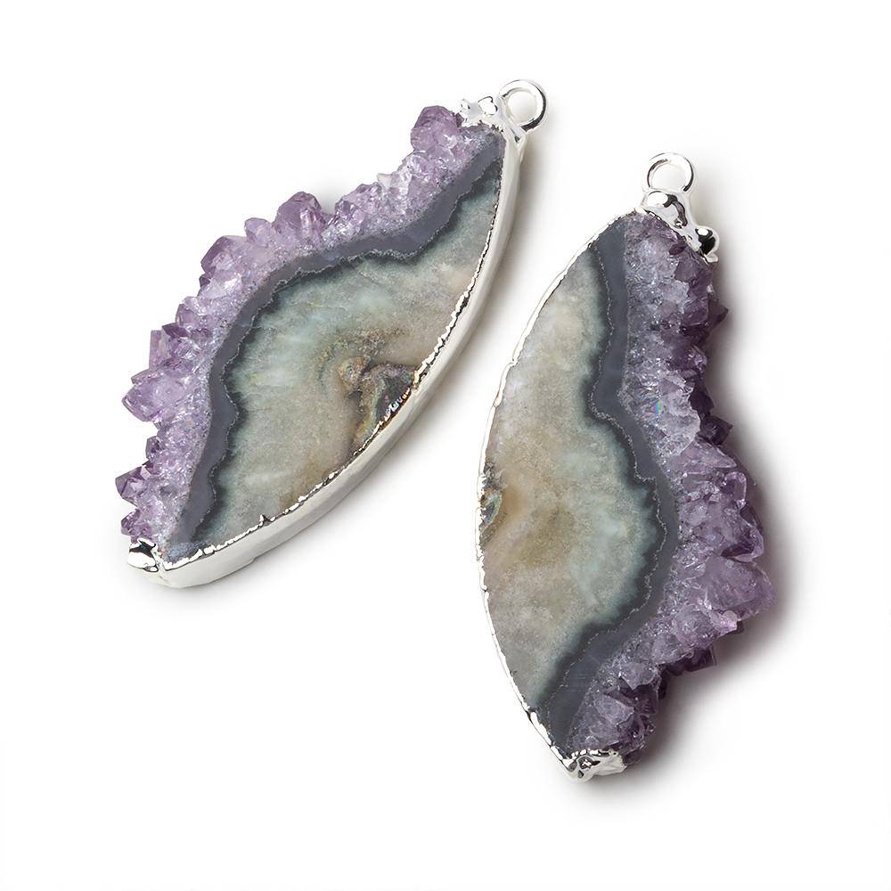 Silver Leafed Amethyst & Matrix Half Moon Drusy Pendant Set of 2 pieces 38x18x5.5mm A Grade - Beadsofcambay.com