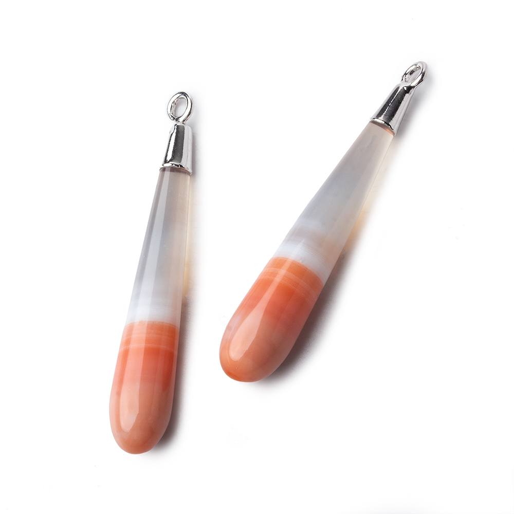Silver Leafed Salmon Orange Banded Agate tear drop Pendant 1 focal bead 35x6mm - Beadsofcambay.com