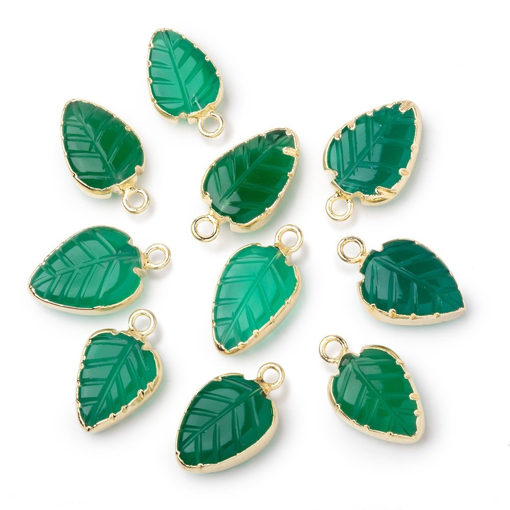 10-12mm Gold Leafed Green Onyx Carved Leaf Focal 1 piece - Beadsofcambay.com