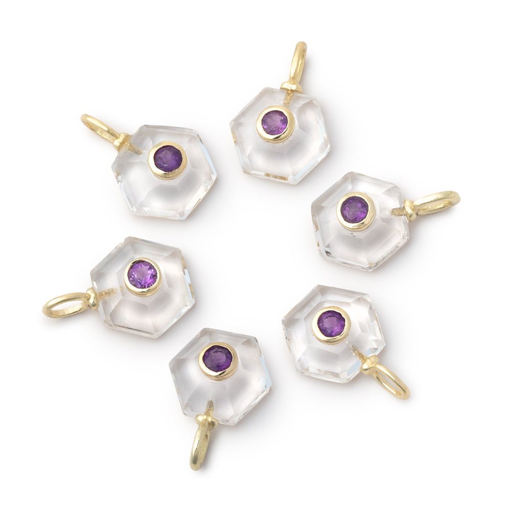 10mm Crystal Quartz Hexagon with Bezeled Amethyst Inlay 1 Pendant - Beadsofcambay.com