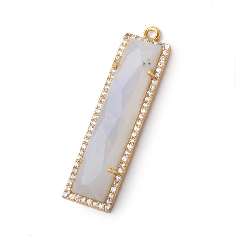 39x10.5mm Vermeil Bezel White CZ & Rainbow Moonstone Bar 1 Pendant - BeadsofCambay.com