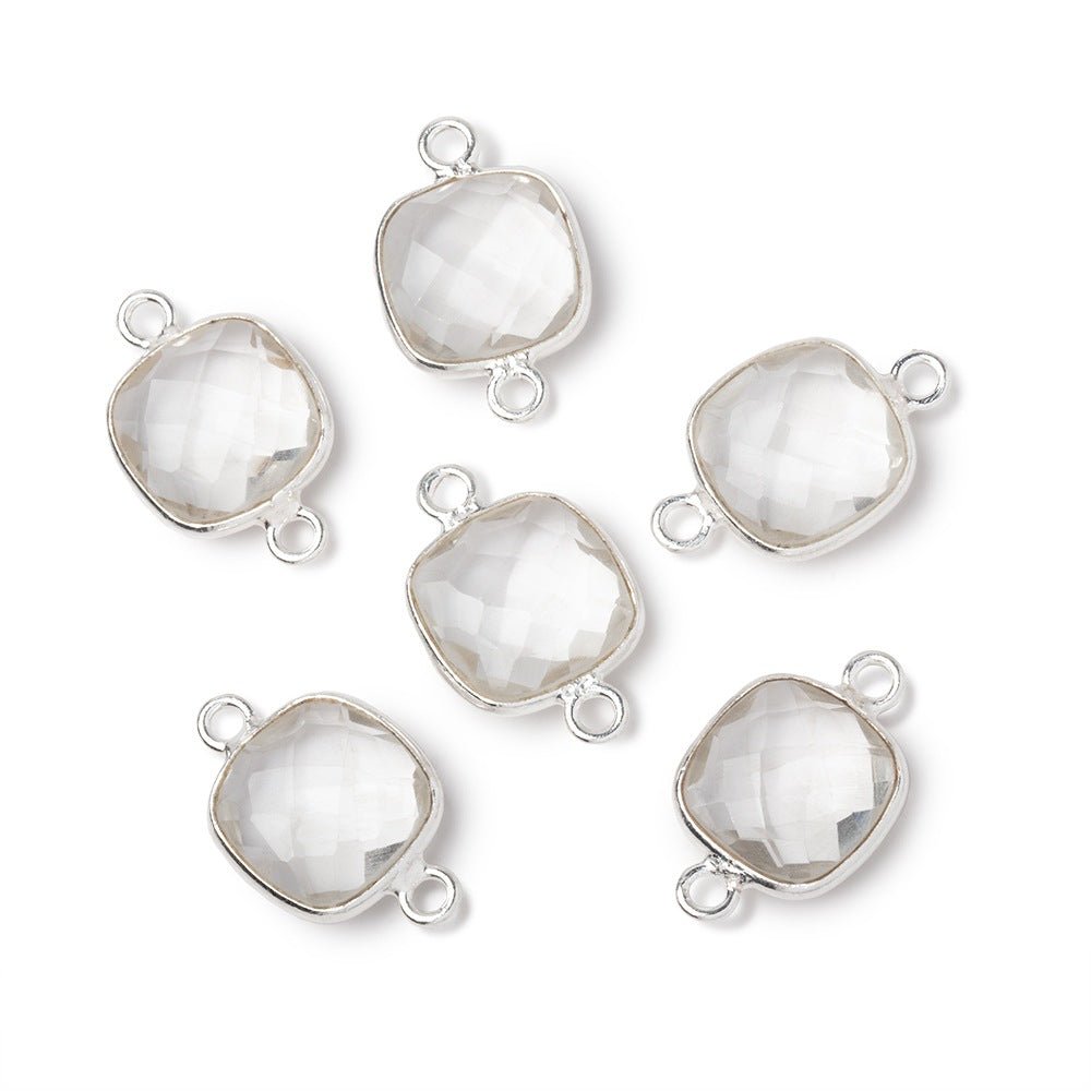 11mm Sterling Silver Bezel Crystal Quartz Faceted Cushion Connector 1 piece - Beadsofcambay.com
