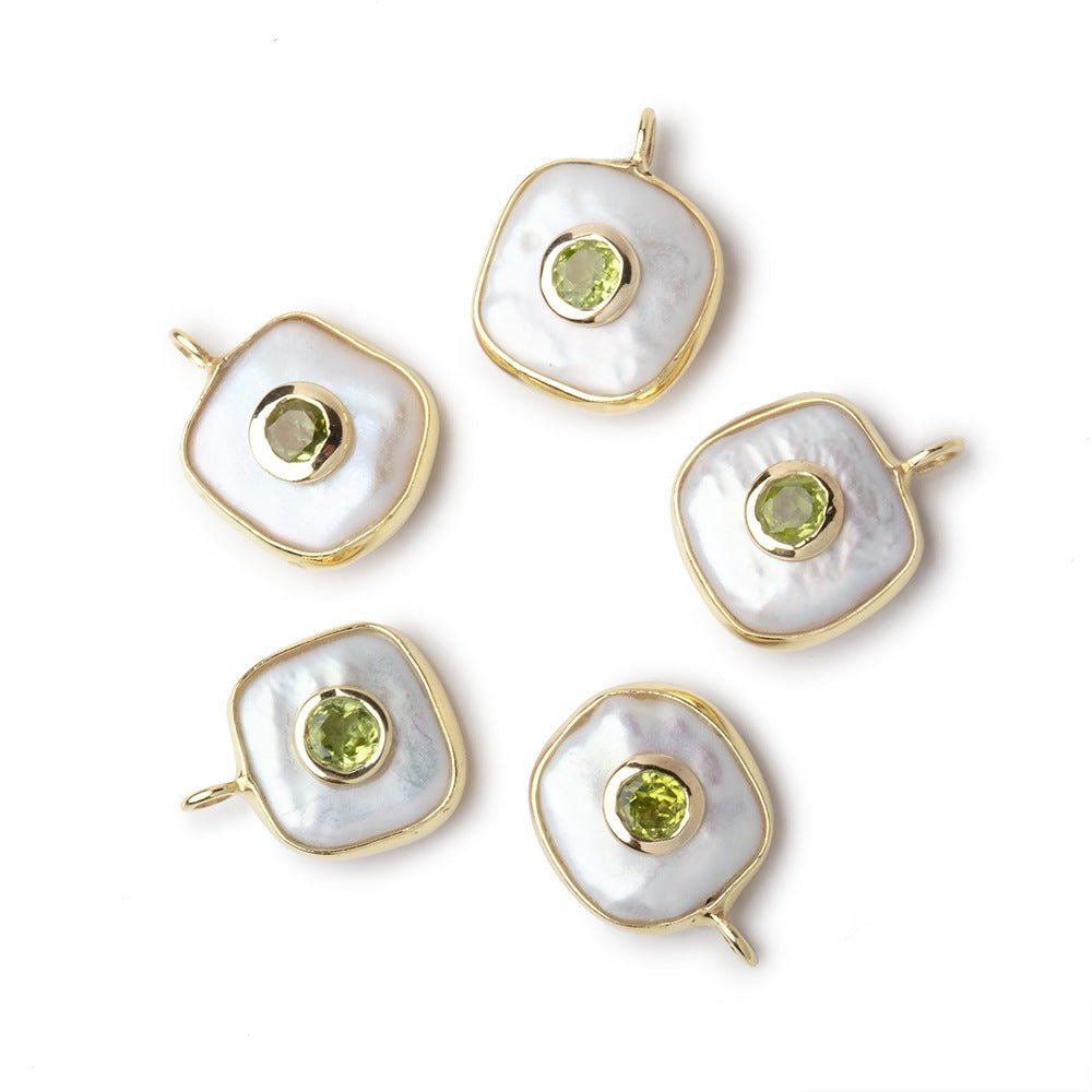 12-13mm Vermeil Bezel White Square Pearl with Bezel Peridot Inlay 1 Pendant - Beadsofcambay.com