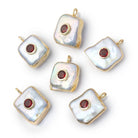 12 - 15mm Gold Leaf White Square Pearl with Bezel Garnet Inlay 1 Pendant - Beadsofcambay.com