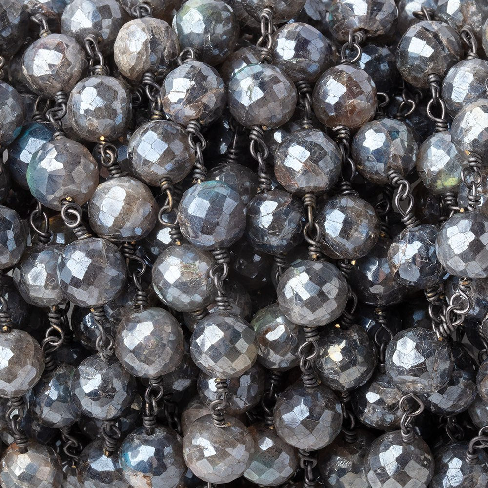 7mm Mystic Labradorite Faceted Rounds on Black Gold Chain - BeadsofCambay.com