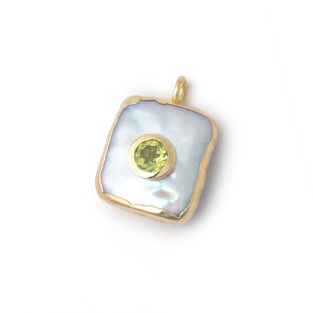 12mm Gold Leaf White Square Pearl with Bezel Peridot Inlay 1 Pendant - Beadsofcambay.com