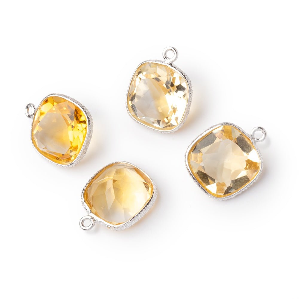12mm Sterling Silver Textured Bezel Citrine Pavilion Faceted Cushion 1 Pendant - Beadsofcambay.com