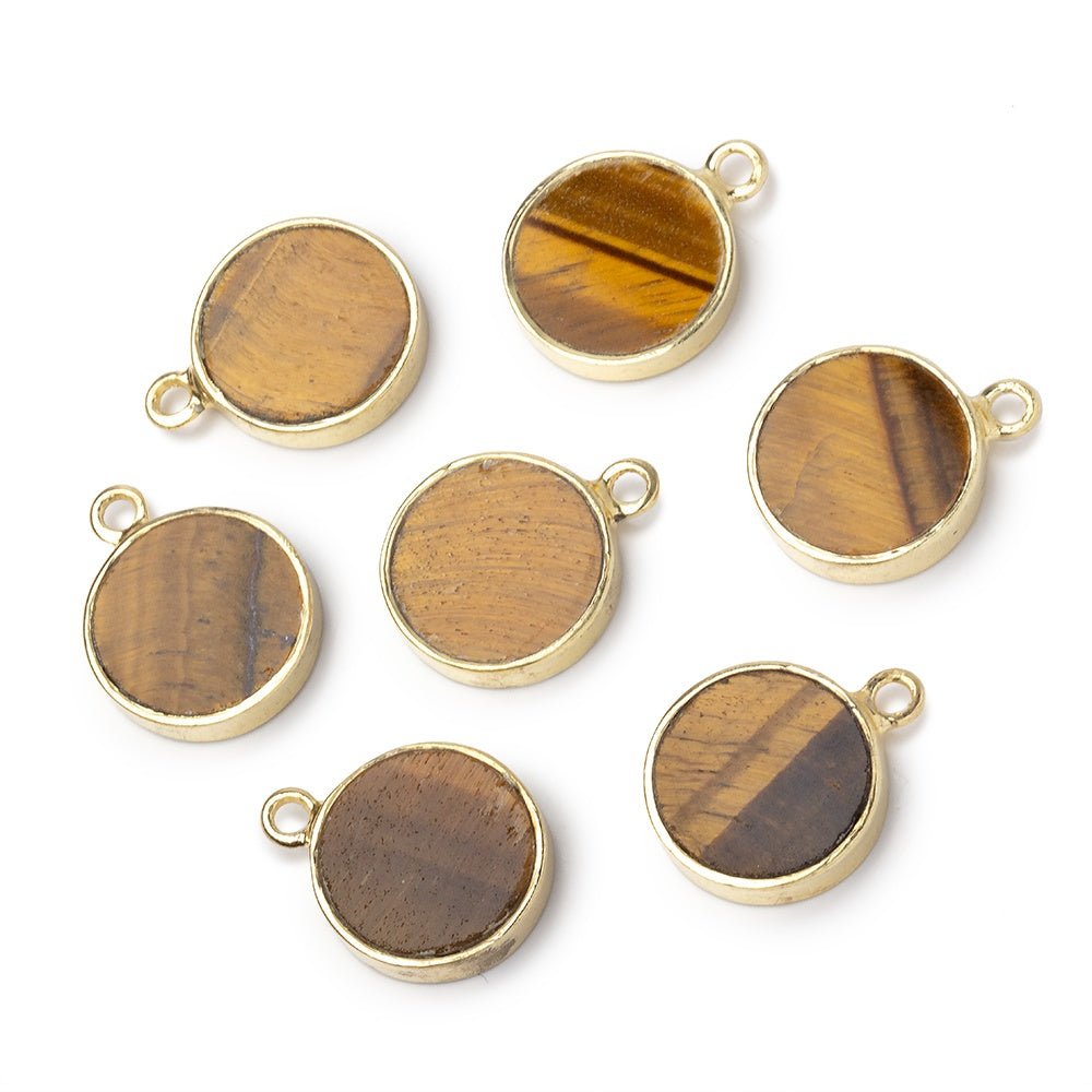 12mm Vermeil Bezel Tiger's Eye Coin Pendant 1 piece - Beadsofcambay.com